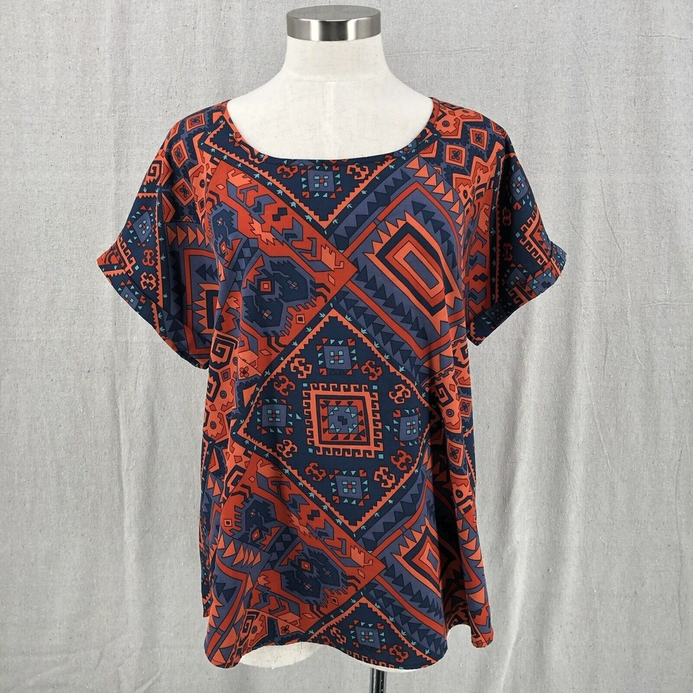 Lucky Brand Womens Large Top Dolman Short Sleeve Aztec Print Blue Red V Back